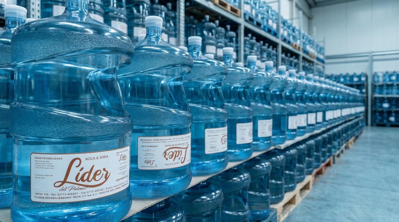 Depósito de Líder con bidones de agua de 20 litros