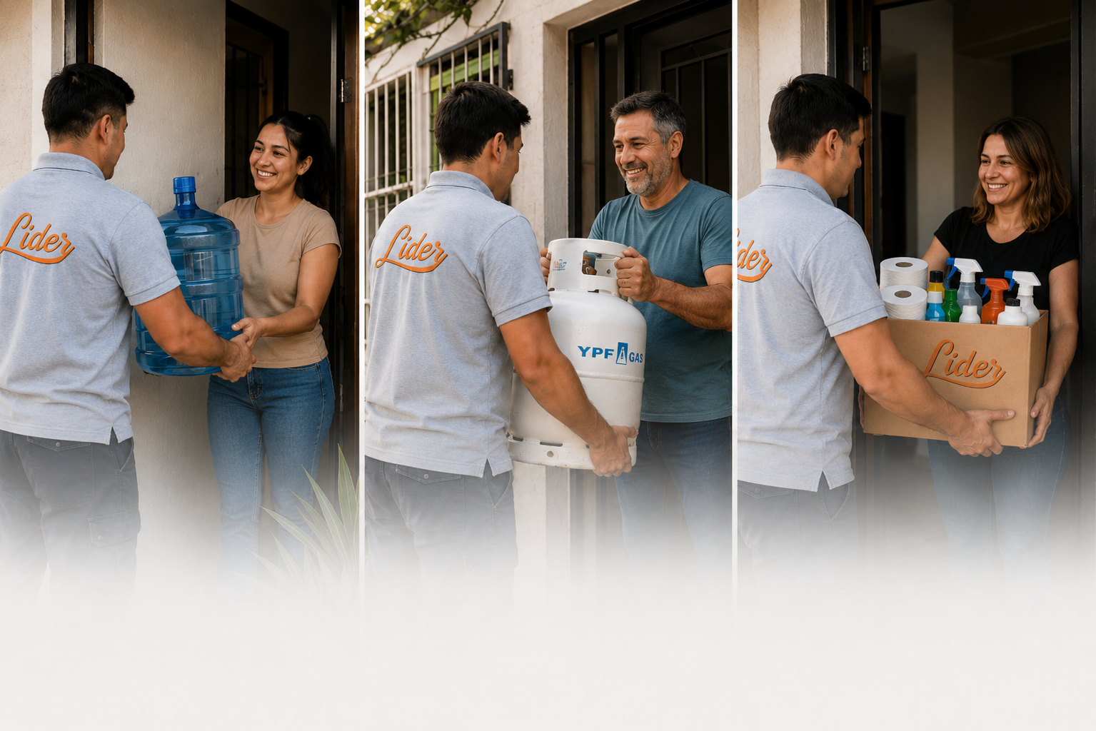Repartidores de Líder entregando agua, gas YPF y productos de limpieza